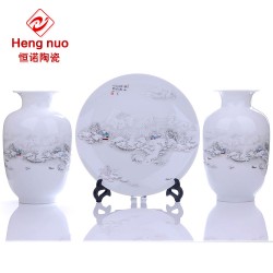 景德镇陶瓷雪景图三件套花瓶 现代家居装饰品摆件设工艺礼品