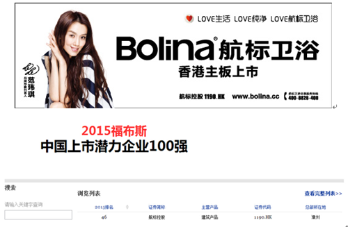 航标控股荣登福布斯2015上市潜力企业100强
