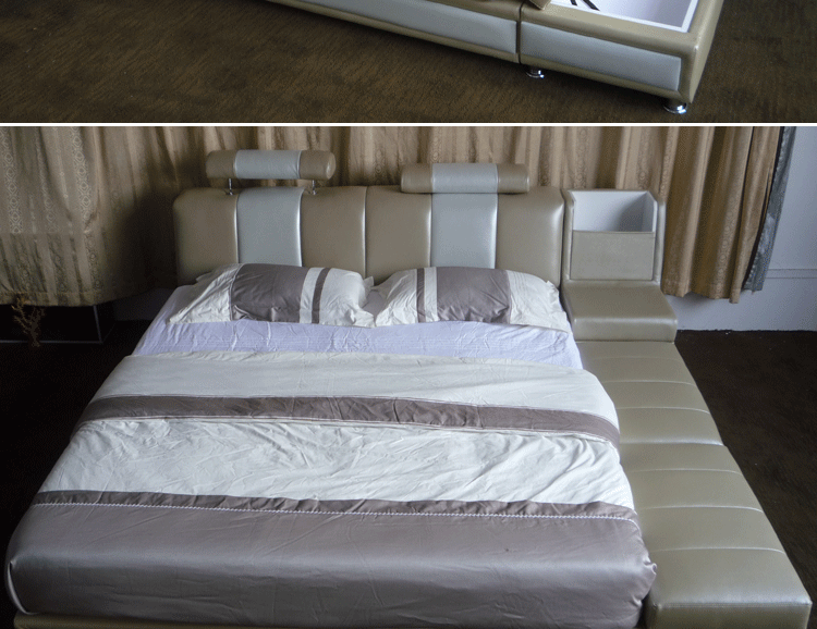 奥诗兰真皮软床 皮艺婚床 1.5米1.8米储物双人床 特价卧室牛皮床