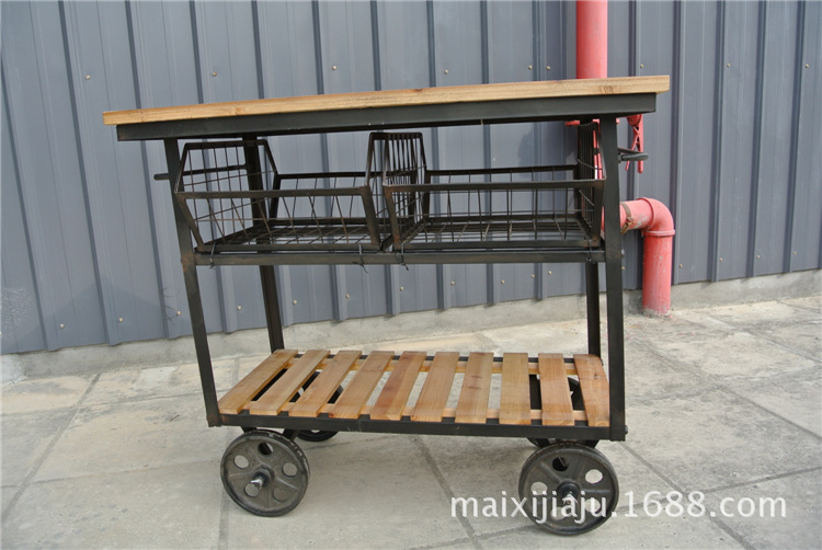loft美式乡村铁艺创意个性复古外贸工业风实木家具带轮子储物桌子